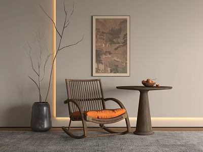 Wooden Rattan Rocking Chair with Orange Cushion Side Table Wall Art and Ambient Lighting 3d model