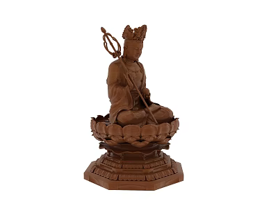 Wooden Sculpture Carving Of Seated Figure With Crowned Head And Lotus Base Holding Scepter 3d model