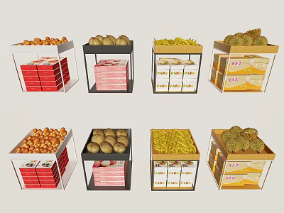 Various Assorted Foods Displayed in Colorful Packaging Boxes with Red Yellow White Designs 3d model