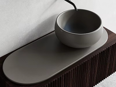 Modern Bowl Washbasin Design With Oval Dark Wooden Countertop And Black Faucet On Light Wall 3d model
