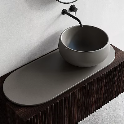 Modern Bowl Washbasin Design With Oval Dark Wooden Countertop And Black Faucet On Light Wall 3d model