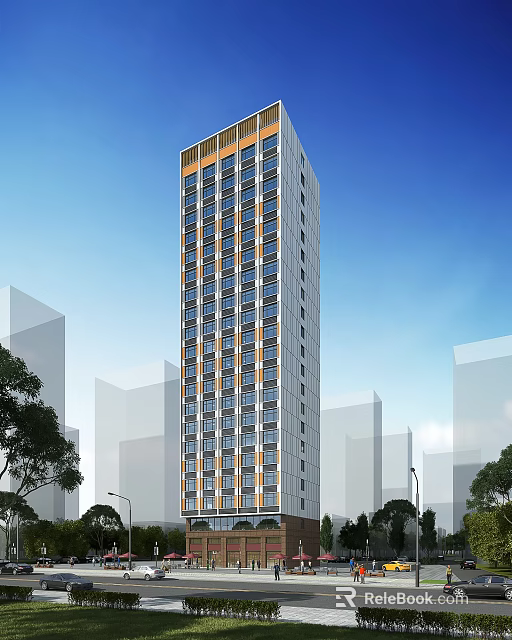 Modern High Rise Residential Building with Blue Windows Yellow Accents Trees and Blue Sky 3d model 