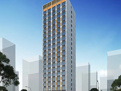 Modern High Rise Residential Building with Blue Windows Yellow Accents Trees and Blue Sky 3d model