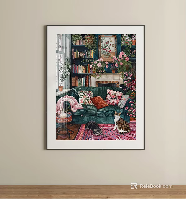 Oil Painting of Warm Living Room Interior with Green Sofa Cats Books and Pink Flowers 3d model 