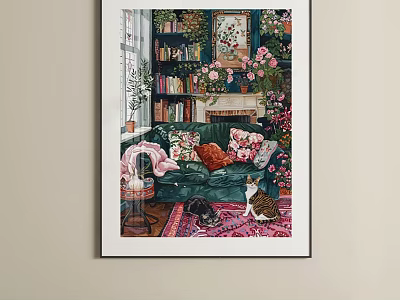 Oil Painting of Warm Living Room Interior with Green Sofa Cats Books and Pink Flowers 3d model