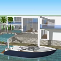 Modern Detached Villa With White Exterior Large Windows Palm Trees Pool And Yacht