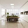 Modern Office Corridor Interior With White Walls Marble Flooring And Green Plants