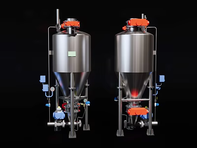 Industrial Equipment Stainless Steel Vertical Tanks With Orange Top Components And Piping System 3d model