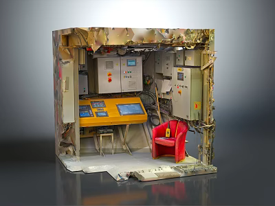 Industrial Control Setup Interior With Control Panel Multiple Displays Red Chair And Equipment 3d model