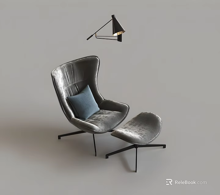 Modern Gray Velvet Lounge Chair With Ottoman Blue Cushion And Black Metal Frame 3d model 