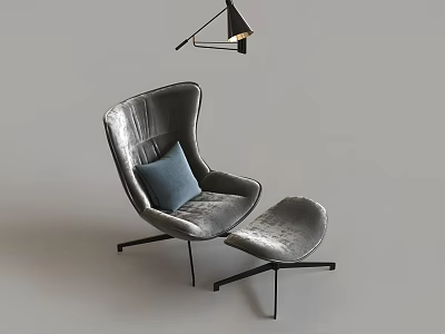 Modern Gray Velvet Lounge Chair With Ottoman Blue Cushion And Black Metal Frame 3d model