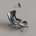 Modern Gray Velvet Lounge Chair With Ottoman Blue Cushion And Black Metal Frame