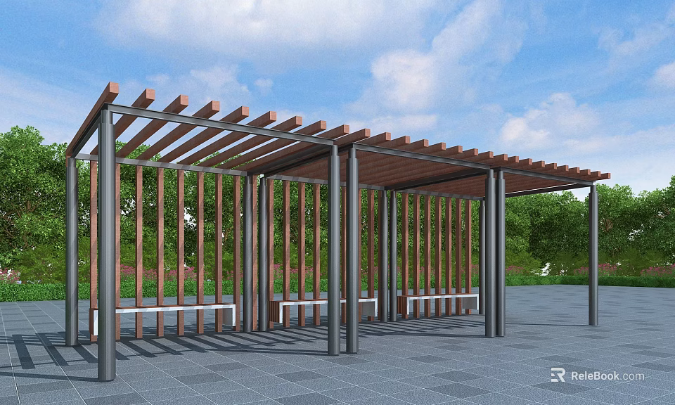 Wooden Pergola With Metal Support Columns Benches In Green Landscape Under Blue Sky 3d model 