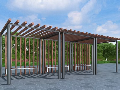 Wooden Pergola With Metal Support Columns Benches In Green Landscape Under Blue Sky 3d model