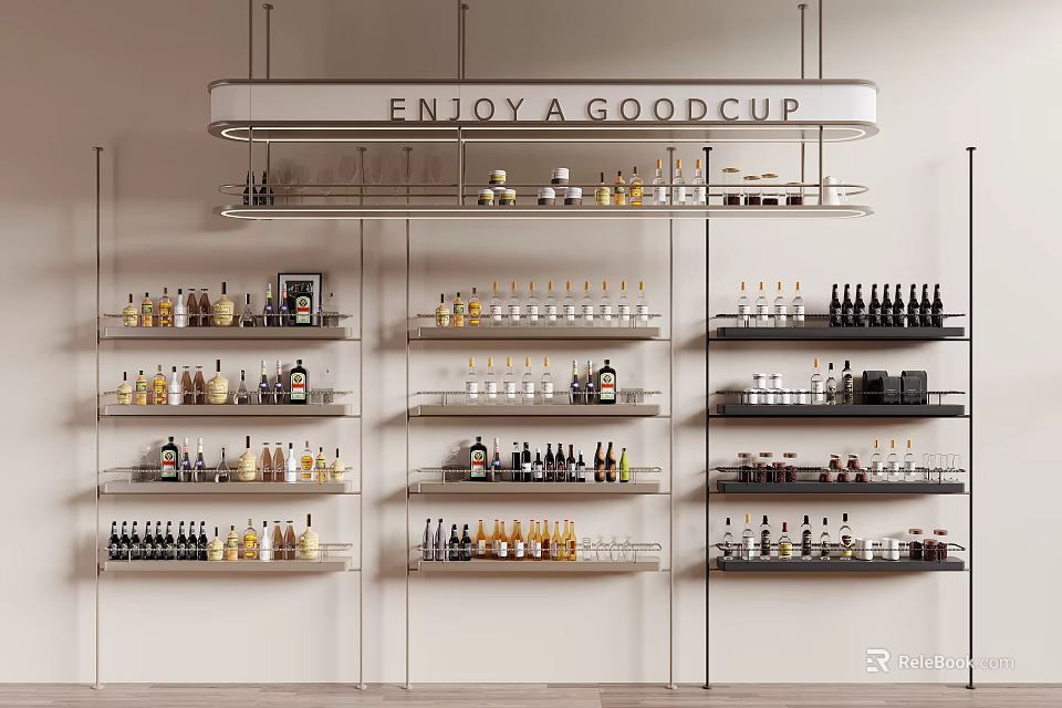 Stylish Shelving Unit Displaying Various Bottles And Cups With Enjoy a Good Cup Sign 3d model 