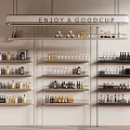 Stylish Shelving Unit Displaying Various Bottles And Cups With Enjoy a Good Cup Sign
