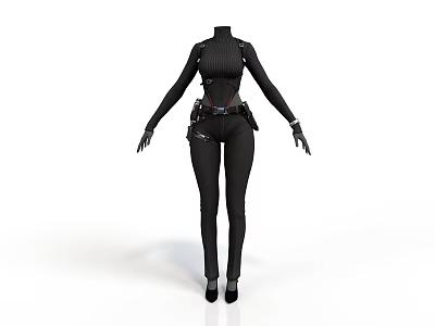 Black Tactical Full Body Suit With Long Sleeves Gloves And Utility Belt 3d model