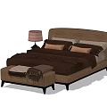 Double Bed with Brown Checkered Headboard Pillows Comforter and Footstool with Side Table Lamp 3d model