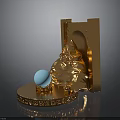 Golden Ornate Decorative Sculpture With Blue Crystal Ball And Carved Base