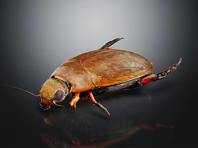 Shiny Brown Beetle With Red Legs On Dark Background And Reflection 3d model