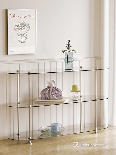 Modern Entryway Console Table with Glass Shelves and Decorative Vase on White Wall 3d model 