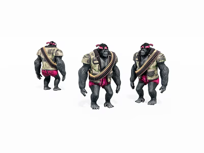 Gorilla Game Film Character In Three Poses With Combat Vest Red Shorts And Straps 3d model