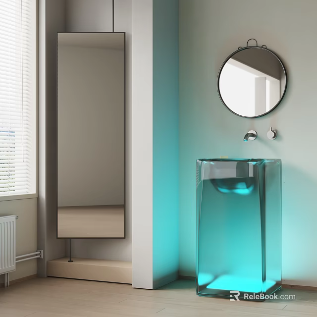 Transparent Glass Washbasin with Round Mirror and Faucet in Light Blue Bathroom 3d model 