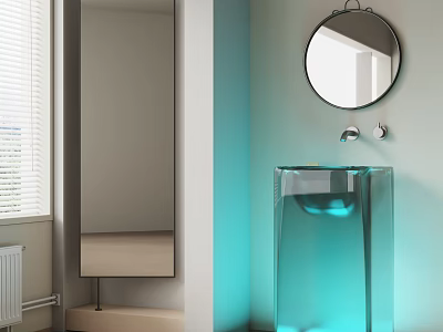 Transparent Glass Washbasin with Round Mirror and Faucet in Light Blue Bathroom 3d model