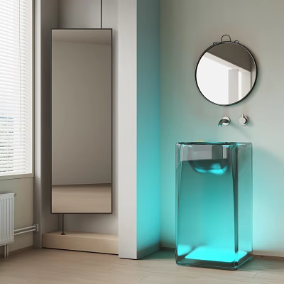 Transparent Glass Washbasin with Round Mirror and Faucet in Light Blue Bathroom 3d model