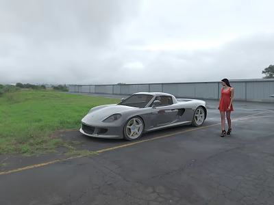 Silver Sports Car Parked On Open Road With Woman In Red Dress 3d model