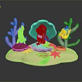 Mermaid With Red Lobster And Yellow Fish On Green Shell With Pink Coral And Starfish