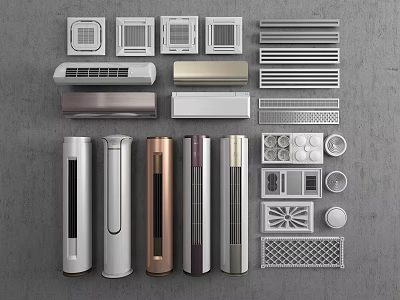 Modern Air Conditioner Fan Collection with Vertical Bodies Various Grilles and Silver Gold Colors 3d model