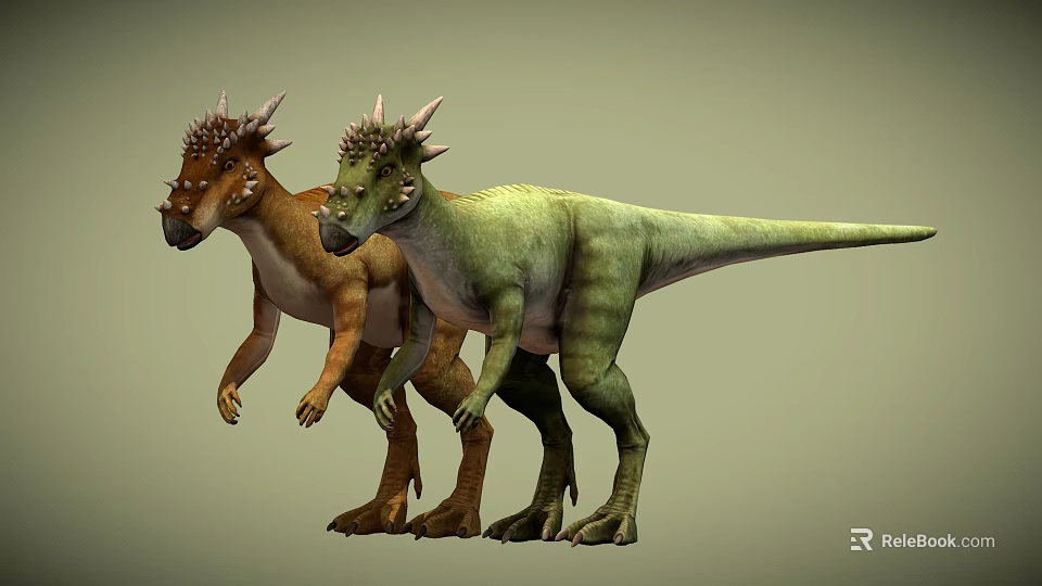 Two Colorful Dinosaurs With Spiked Heads In Standing Posture 3d model 