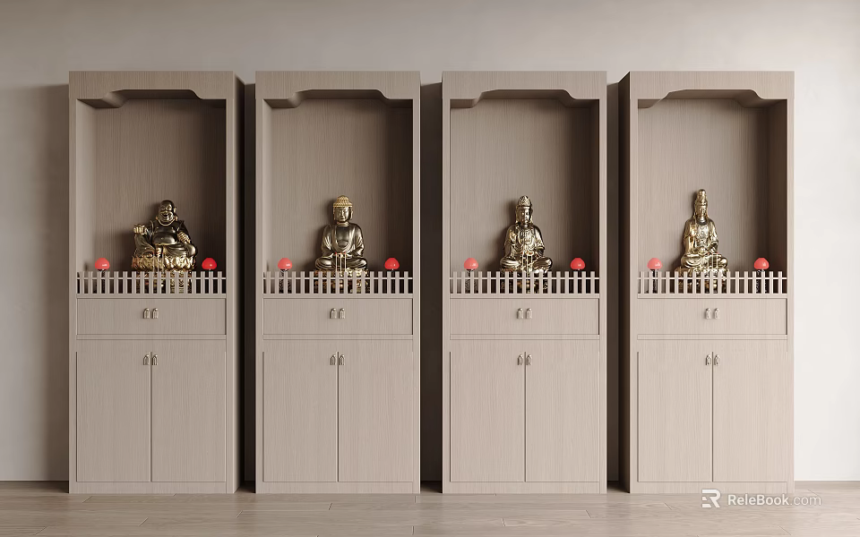 Minimalist Modern Buddha Niche Cabinets With Statues And Red Accents 3d model 