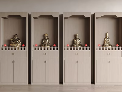 Minimalist Modern Buddha Niche Cabinets With Statues And Red Accents 3d model