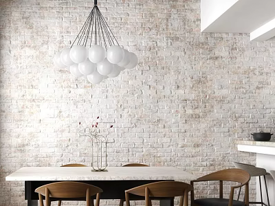 Elegant Dining Table Set With White Brick Wall Spherical Chandelier Wooden Chairs And Flower Vase 3d model