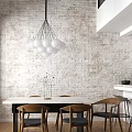 Elegant Dining Table Set With White Brick Wall Spherical Chandelier Wooden Chairs And Flower Vase