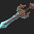 Ornate Fantasy Sword with Blue Icy Crystal Blade Brown Hilt and Metallic Decorative Accents