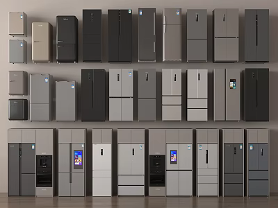Modern Stylish Refrigerators and Freezers Display with Various Styles and Colors 3d model