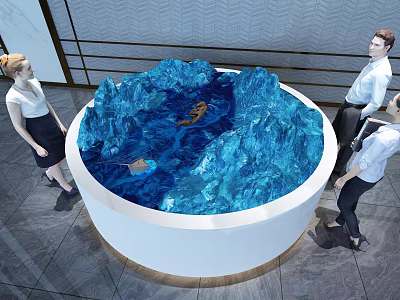 People Observing Blue Terrain Model On Circular Exhibition Display Platform 3d model