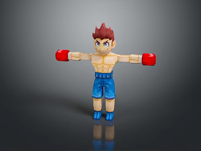 Wooden Male Boxing Toy Figure With Red Gloves Blue Shorts And Shirtless Torso 3d model