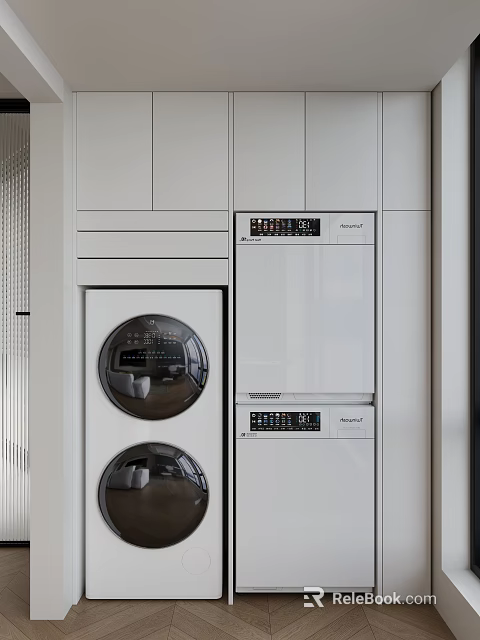 Modern White Stacked Washing Machine in Sleek Built in Laundry Cabinetry Design 3d model 