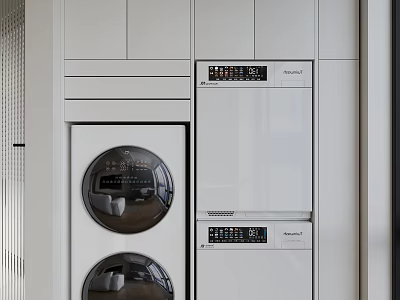 Modern White Stacked Washing Machine in Sleek Built in Laundry Cabinetry Design 3d model