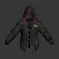 Vintage Dark Hooded Jacket With Red Lining And Metal Buckles Decorative Details