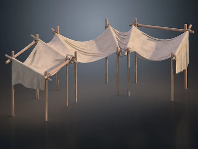 Three Simple Tents Made With Natural Wooden Sticks And Light Colored Fabric 3d model