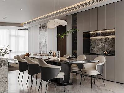 Modern Luxury Open Restaurant Interior With Marble Dining Table Grey Chairs Pendant Light Feature Wall 3d model