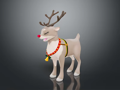 Cheerful Cartoon Reindeer With Red Nose Colorful Collar And Bells 3d model