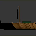 Vintage Wooden Sailing Ship With Green White Striped Sail Brown Black Hull Cargo Boxes