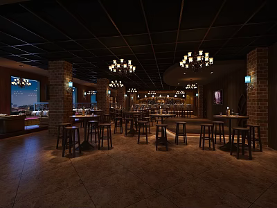 Modern Bar Interior with Dark Ceiling Chandeliers Brick Walls Wooden Tables and Stools 3d model