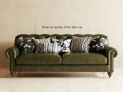 Classic Green Leather Two Seater Sofa With Patterned Pillows And Wooden Legs 3d model